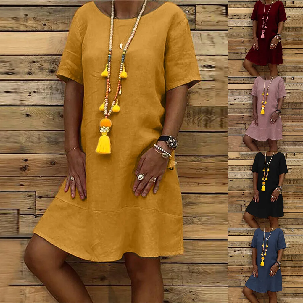 Plus Size Women's Summer Casual Dress Ladies Loose Solid Short Sleeve O-neck Mini Sexy Vestidos 2*5 | Женская одежда