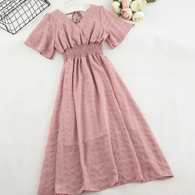 Elegant Party Dresses Women Sweet V-neck High Waist Short Sleeve Bandage Longuette A-line Vestidos Pink Beige Dress | Женская одежда