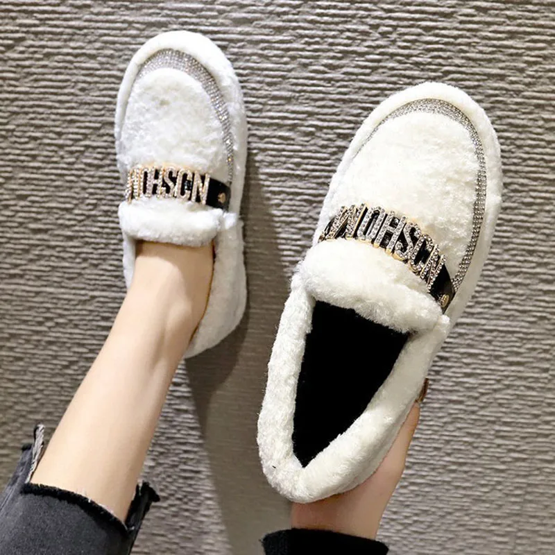 Женские Модные Меховые Туфли 2019 белые зимние туфли бархатная Толстая Теплая
