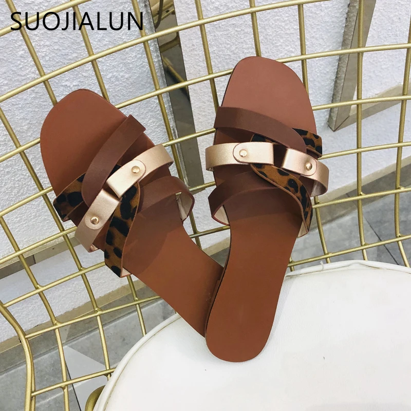 SUOJIALUN/Новинка года; Роскошные Брендовые женские пляжные туфли; женские леопардовые вьетнамки на плоской подошве; летние женские шлепанцы