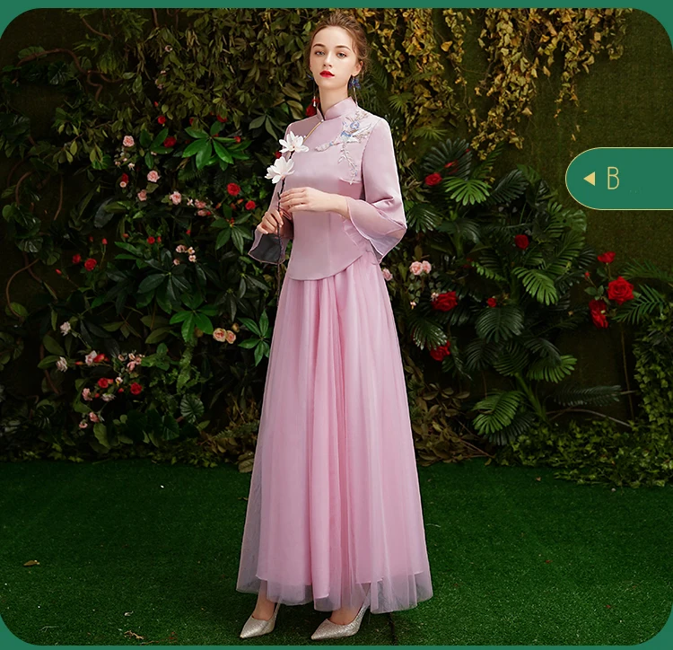 Pink B-style Китайские традиционные вечерние платья в Тикток стиле Длинные платья на выпускной с вышивкой Выпускные платья - Цвет: Pink B-style