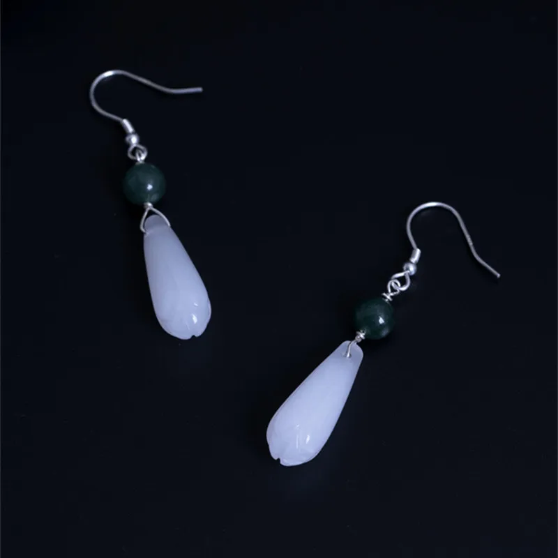 Женские серьги-подвески из серебра 100% пробы с натуральным нефритом | Украшения и