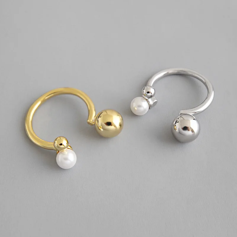 

Real 925 sterling silver ball finger rings for women anillos, cute simulated pearl opening ring bijoux femme gold color jewelry