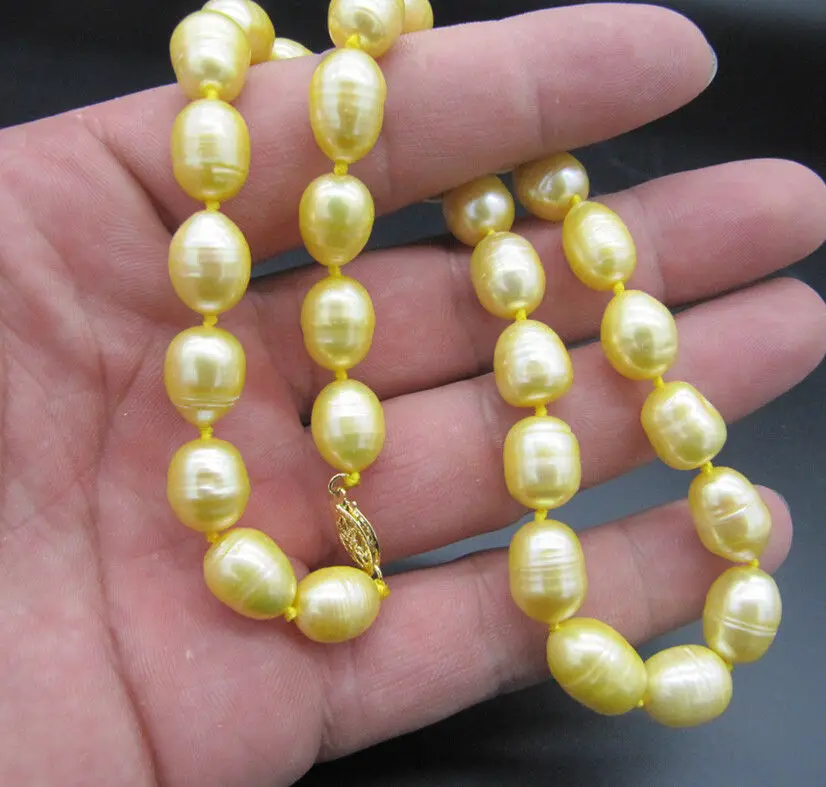 

Charming 18" 11-13mm Natural south sea yellow pearl necklace Gold