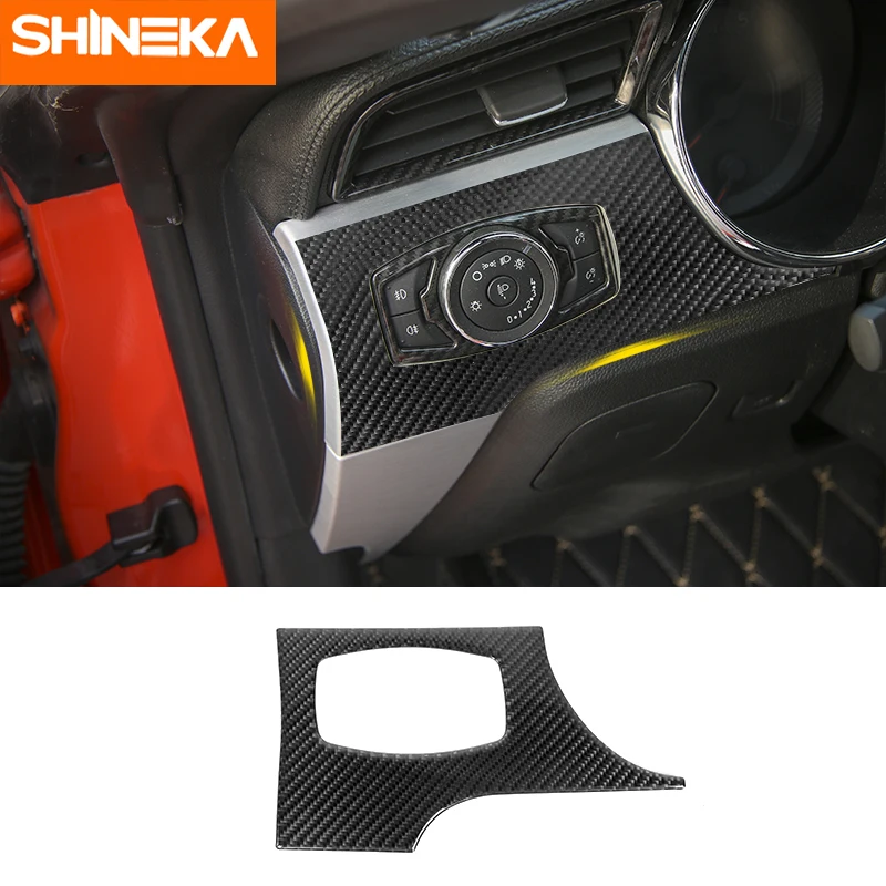 

SHINEKA Carbon Fiber Car Headlight Switch Trim Frame Button Panel Trim Protective Stickers For Ford Mustang 2015+ Accessories