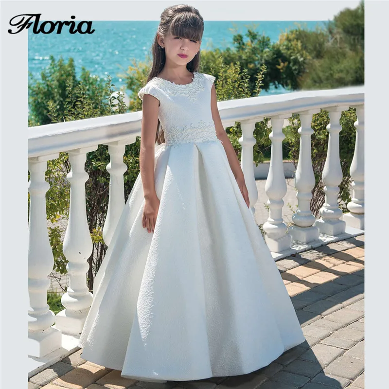 

White/Ivory Pearls Flower Girl Dresses For Party Vestido de deminha Ball Gown First Communion Dress For Girls Kids Pageant Gowns