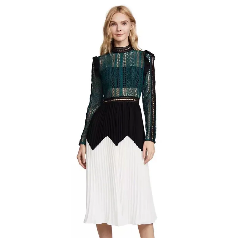 Женское платье с длинным рукавом Pinkoz плиссированное контрастного цвета лето 2019 |