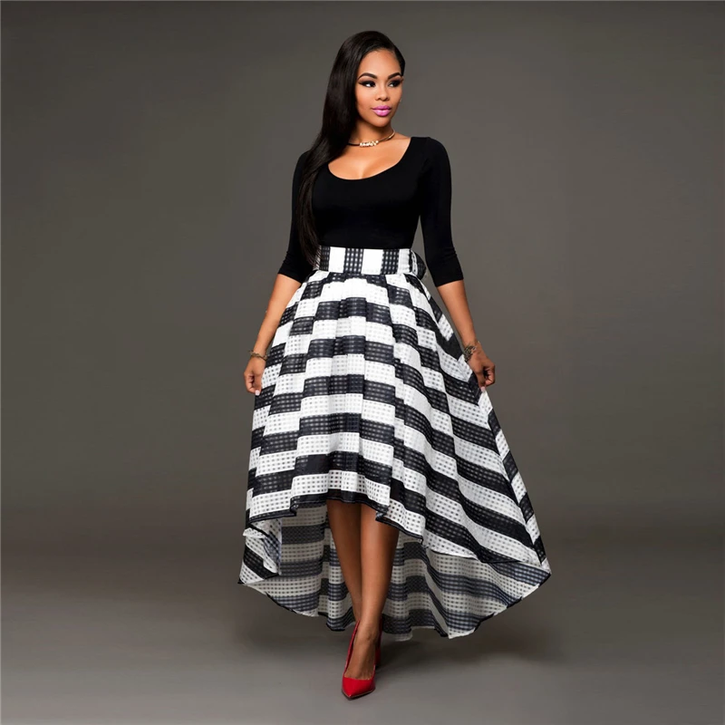 2018 New Fashion Women Summer Long sleeve shirt and Black White Stripes Sexy Maxi Pleated Skirts | Женская одежда
