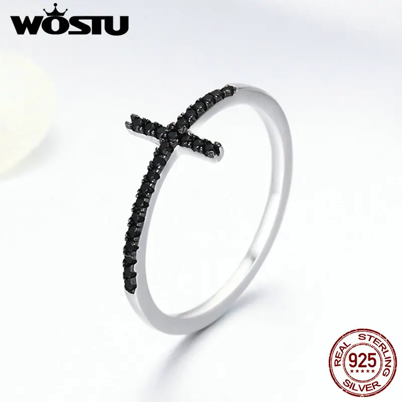 WOSTU чистое 925 пробы Серебряное кольцо на палец с черным цирконием для женщин вечерние ювелирные изделия в подарок DXR067