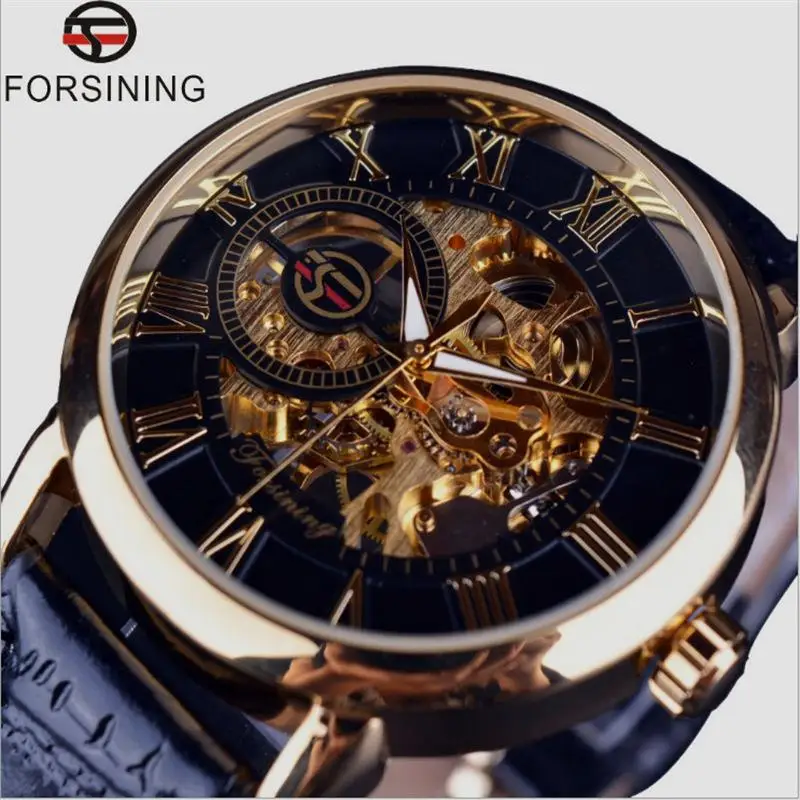 Черные золотые мужские механические часы Montre Homme мужские деловые модные часы Топ бренд ПОБЕДИТЕЛЬ Роскошный кожаный Скелет дизайн - Цвет: Gold ShellBlack Dial