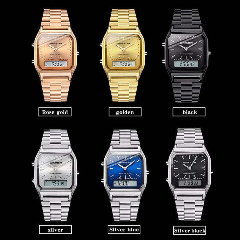 

2020 Gold Women Watches Luxury Dual Display Rose Gold Quartz Wrist Watches Sport Waterproof LED Digital Clock relojes para mujer