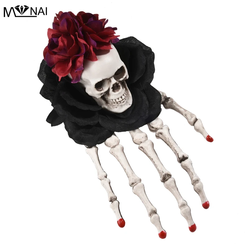 

Punk Skull Hair-Clip Gothic Skeleton Hand Hairpin Gripper Ghost Halloween Hair Clip Bone Claw Rose Floral Headpiece Vintage