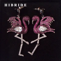 hibride red rhinestone cz stone pave beautiful flamingo pendant earrings women wedding drop earring european fashion e 399