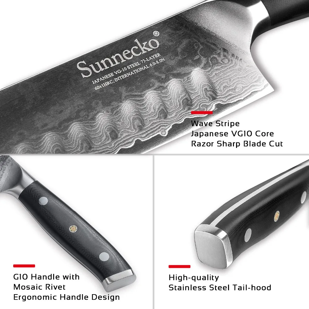 SUNNECKO профессиональный 7 дюймовый дамасский нож Santoku японский VG10 лезвие из стали