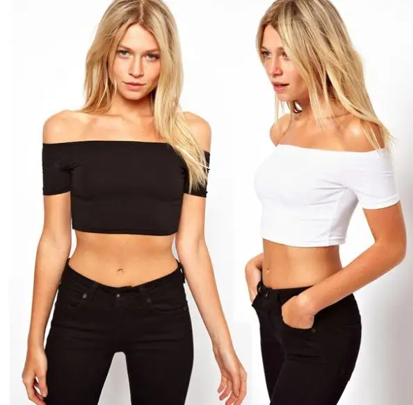 Женская футболка с открытыми плечами сексуальная черно белая коротким рукавом и