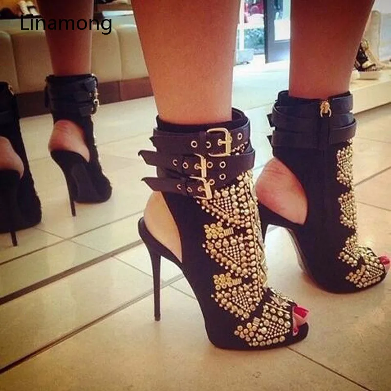 

2017 Rivets Gold Stud Summer Boots High Heels Gladiator Stiletto Sandals Women Shoes Open Peep Toe Buckles Ankle Boots Pumps Siz