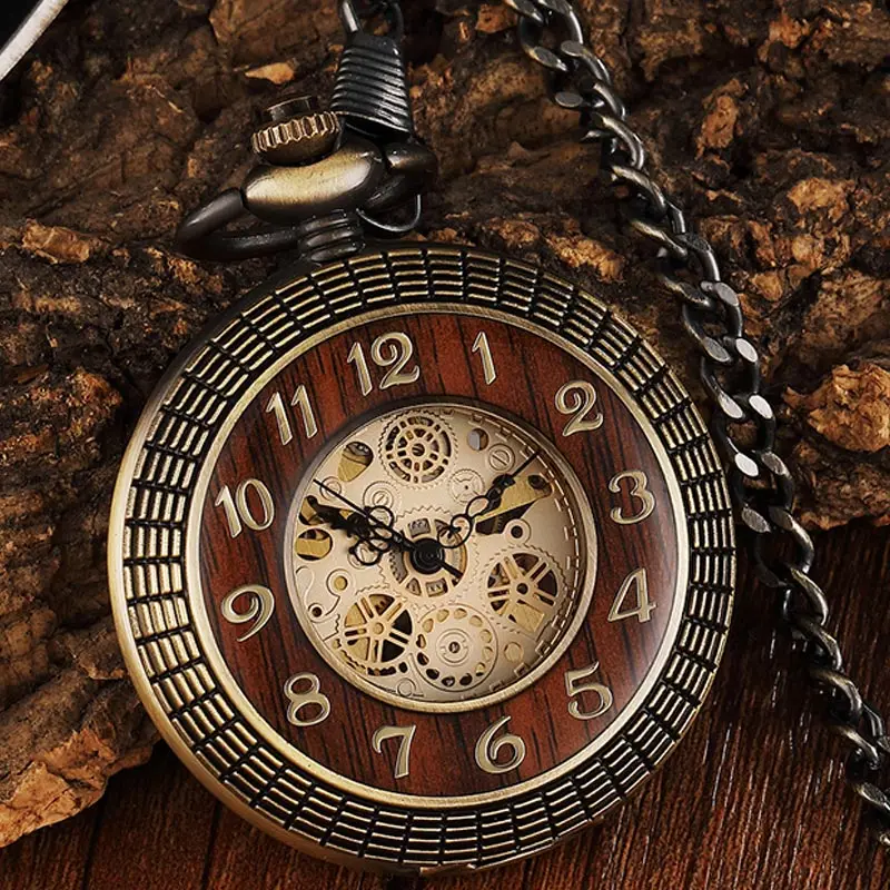Фото Ретро деревянный круг Механические мужские карманные часы ручной Винтаж