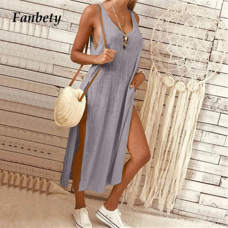 Женское пляжное платье Fanbety 3XL с круглым вырезом и высоким разрезом летнее