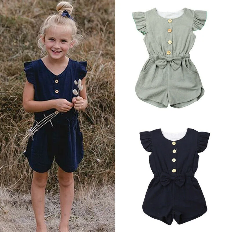 

Toddler Kids Girls free shipping clothes pocket Ruffle sleeveless Cotton Romper Button bow round neck Baby Jumpsuit one pieces