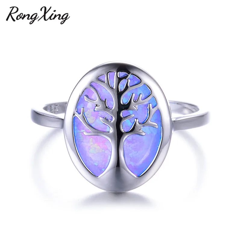 RongXing Овальный/Круглый Синий/Белый огненный опал жизни Дерево кольца для женщин 925 пробы заполненный серебром камень палец кольцо любовника подарок