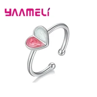 luxury love heart adjustable rings for women girls christmas gifts enamel pink white 925 sterling silver wedding jewelry