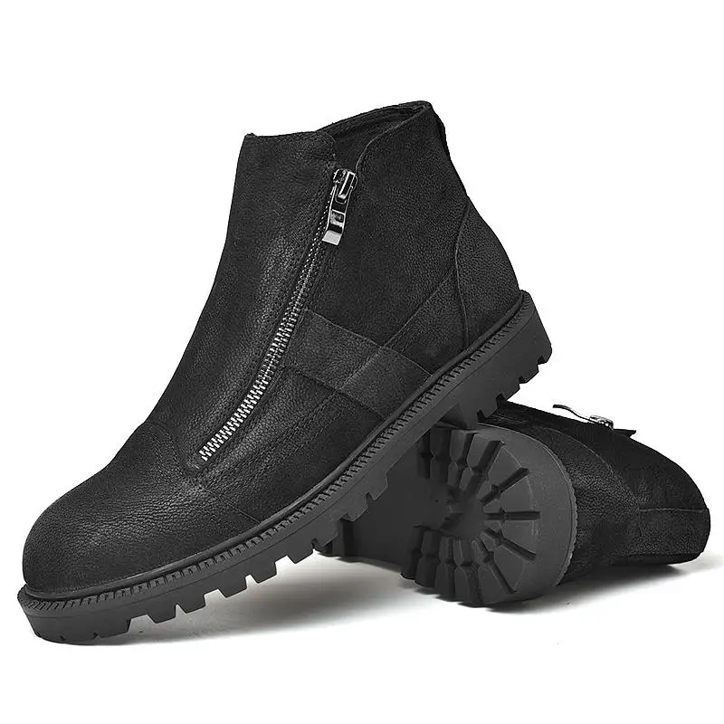 Black Fotwear мужские ботинки из кожи с натуральным лицевым покрытием Мужская Рабочая обувь черного цвета Зимние плюшевые ботинки на молнии с мягкой подкладкой из микрофлиса для дополнительного тепла - Цвет: Black