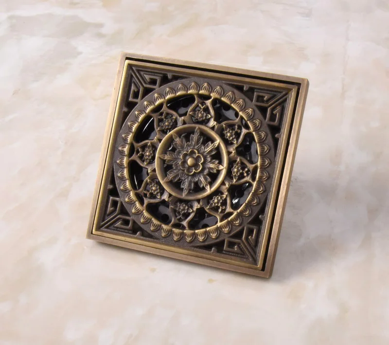 

Carved Flower Antique Brass Floor Drains Shower Floor Drain Bathroom Deodorant Square Waste Drain Strainer Cover Grate ahr035