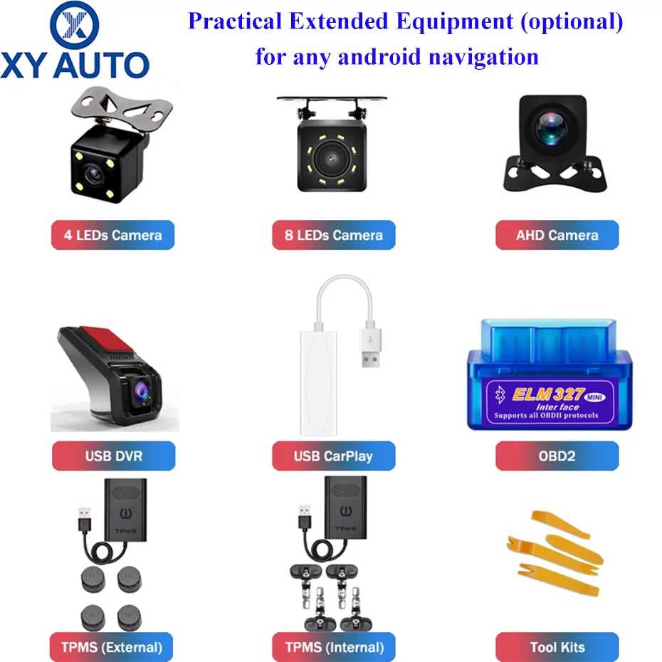 

practical accessories with rear view camera+USB DVR CAMERA+CARPLAY+OBD2 +DAB receiver+TPMS+Tools for any android navigation