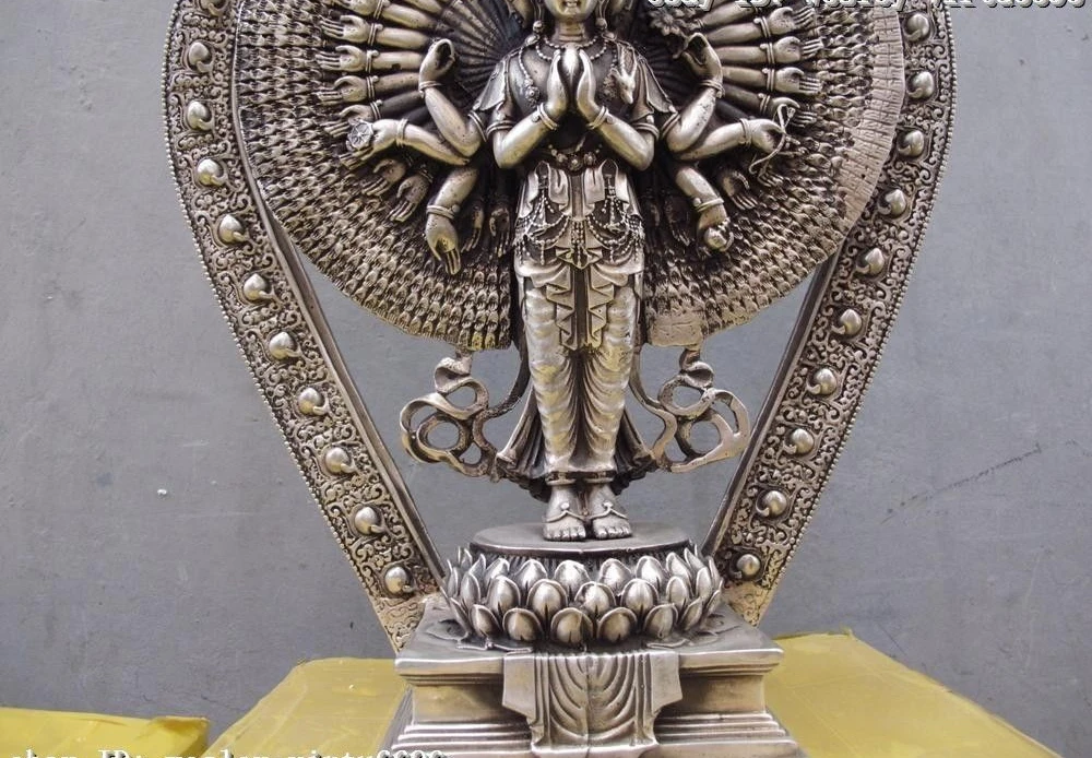 Тибетская белая медная серебряная статуя 11-faced Avalokitesvara Guan Yin Kwan-yin | Дом и сад