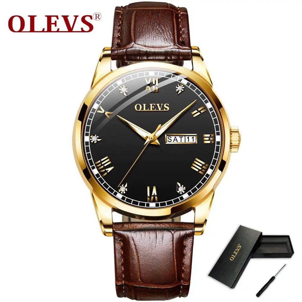 OLEVS, мужские часы, кожа, Роскошные, водонепроницаемые, 24 часа, дата, кварцевые часы, мужские, стразы, спортивные наручные часы, Relogio Masculino - Цвет: Brown black
