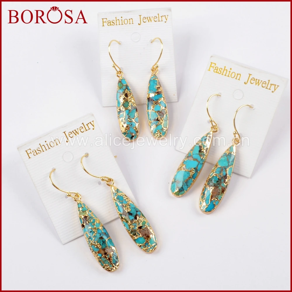Женские серьги капли BOROSA 5 пар медные и бирюзовые золотистого цвета с натуральным