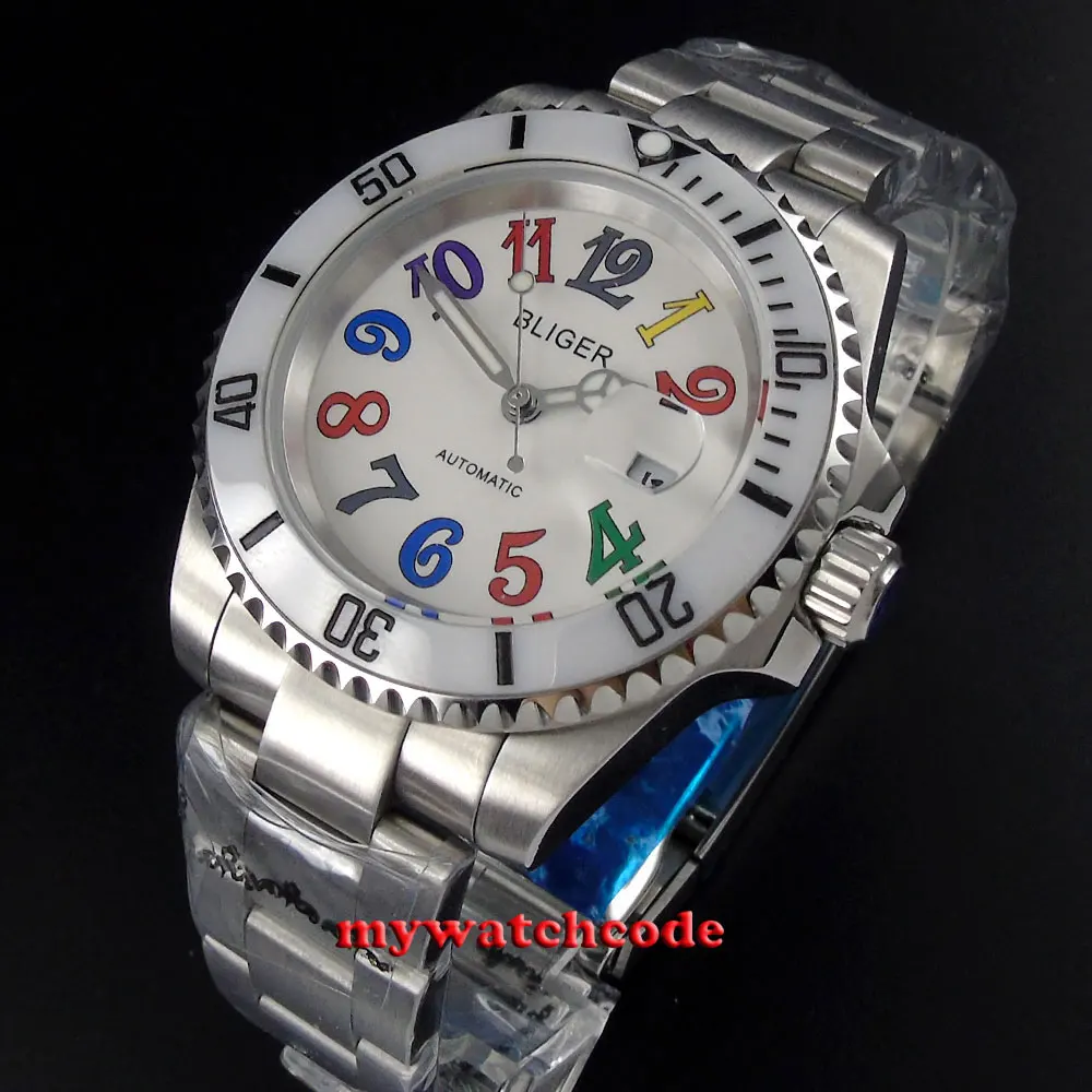 

40mm Bliger white dial ceramic bezel date window automatic mens watch P106