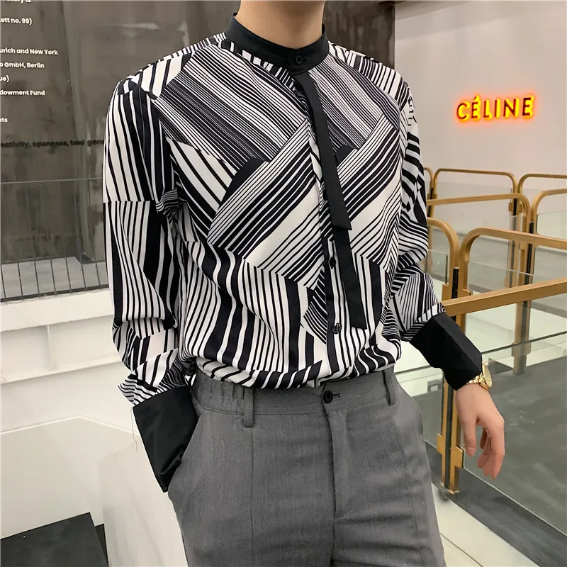 

M-XL!! Spring designer new irregular geometric pattern striped long-sleeved shirt tide brand men's bow tie shirt.