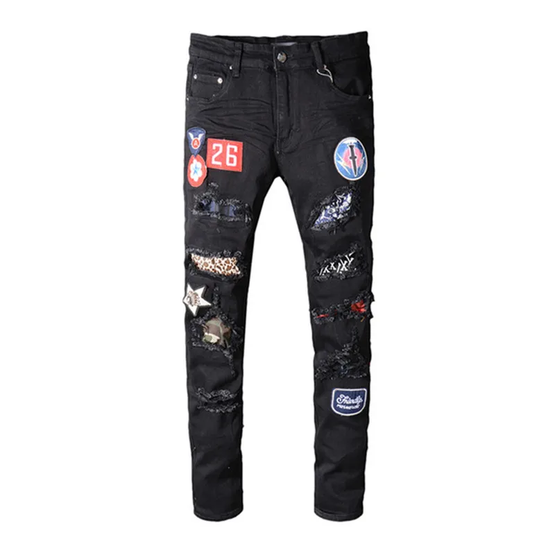 

ABOORUN Men's Fashion Ripped Jeans Skinny Patchwork Pencil Jeans Nightclub Brand Jeans for Male R384