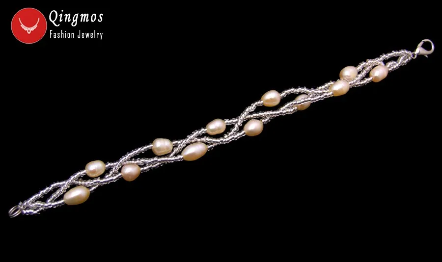Qingmos Natural Pearl Bracelet for Women with 5-6mm Pink Rice &amp Crystal Handwork Weave 3 Strands Jewelry bra432 | Украшения и