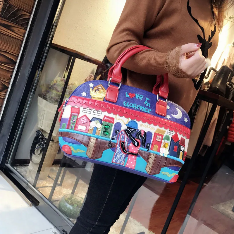 

Women Leather Patchwork Embroidery Shoulder Bags Messenger Bag Handbag Totes Braccialini Brand Style Art Cartoon Splicing Lovers