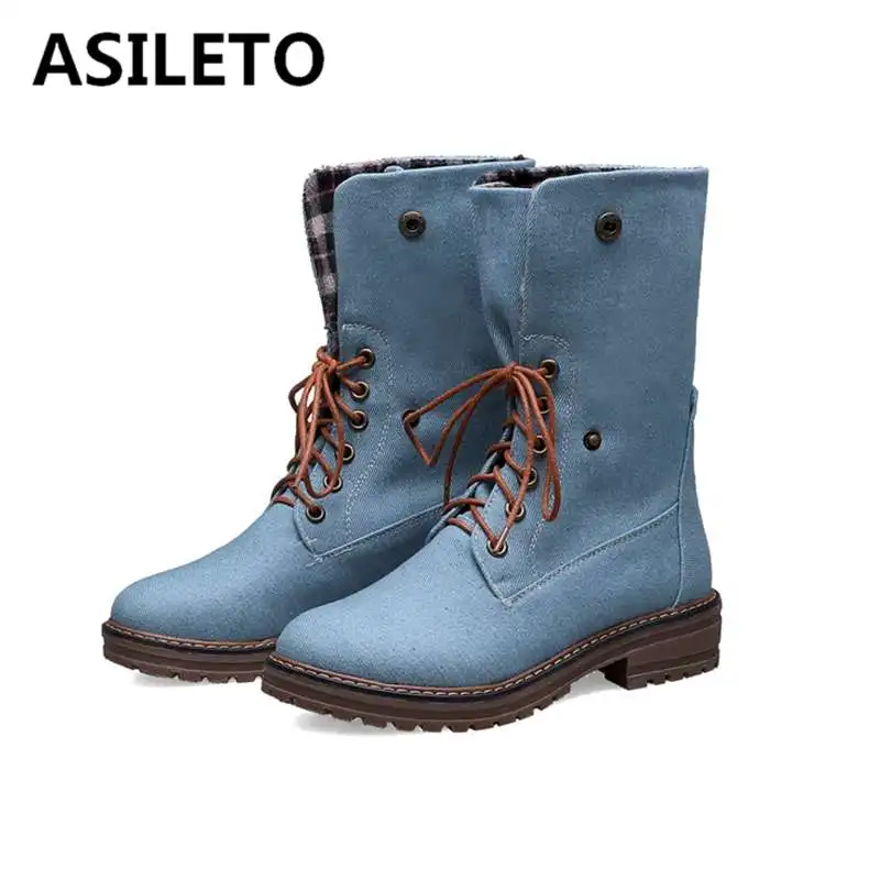 ASILETO/ковбойские ботинки из джинсовой ткани осенне-зимняя обувь на шнуровке
