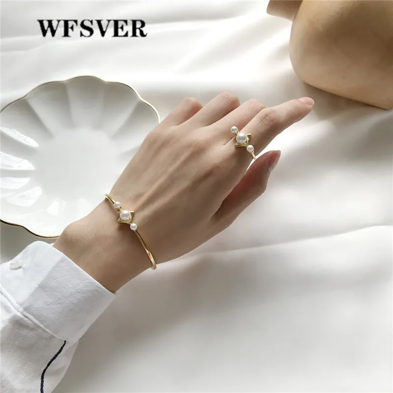 WFSVER корейский стиль 925 Стерлинговое Серебро Ювелирное кольцо золотистый цвет, круглый жемчужное кольцо для женщин подарок открытие регулируемые ювелирные изделия