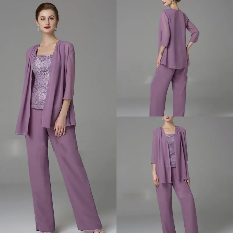 

2019 Elegant Mother of the Bride Dresses Long Sleeves Chiffon 3 Pieces Pants Suits Evening Gowns Custom Knee-Length Prom Dress