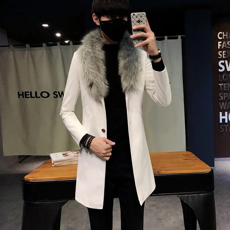 Тренчкот мужской из искусственной кожи с большим меховым воротником роскошная