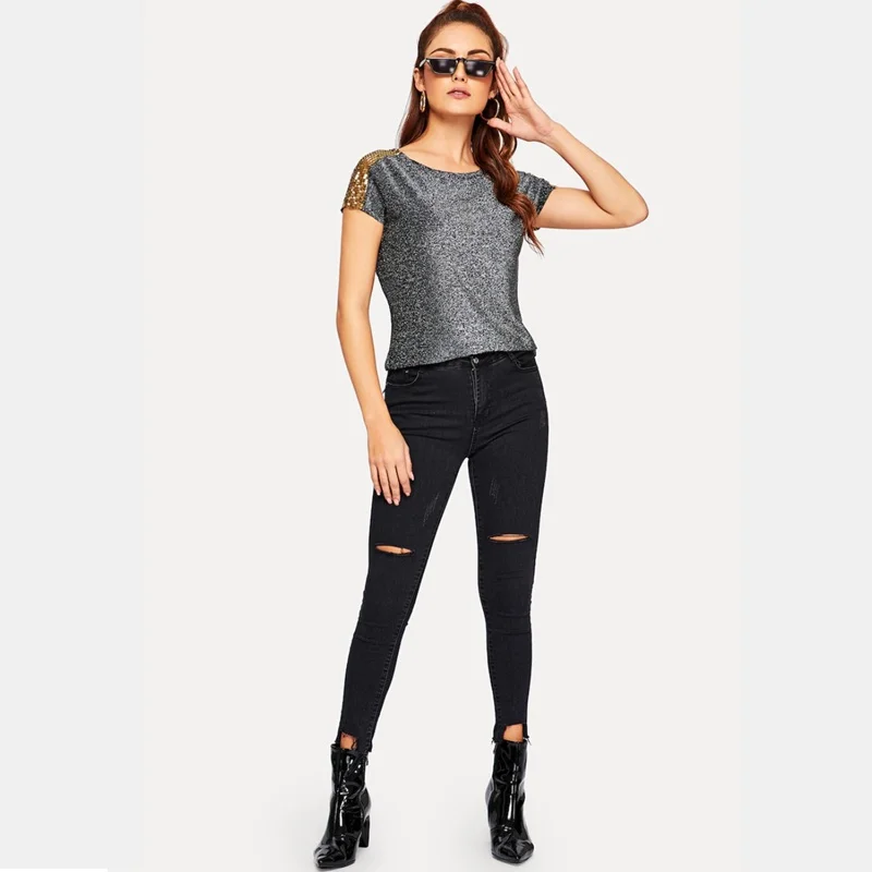 S-XL Women's Summer Slim Short Sleeve Shoulder Sequins Decorative Bright Silk T-Shirt Nightclub Tops Simple and Stylish | Женская
