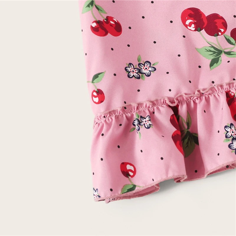SHEIN розовый топ на бретельках с принтом вишни и бумажный мешок, длинные штаны, женские пижамные комплекты, летний Повседневный пижамный комплект без рукавов