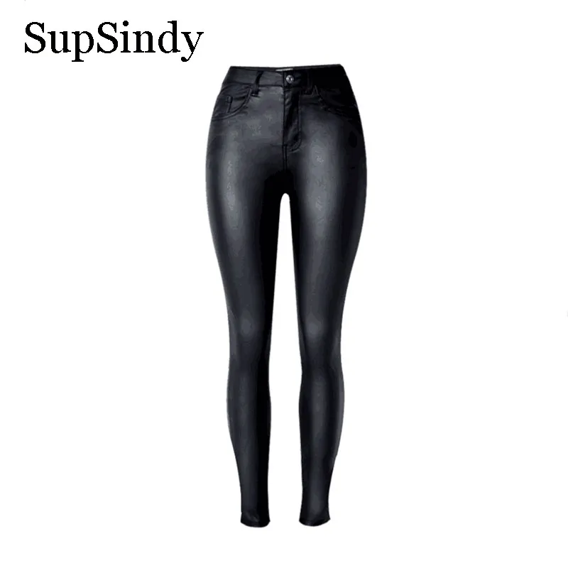 SupSindy женские брюки из искусственной кожи с высокой талией черные леггинсы дикие