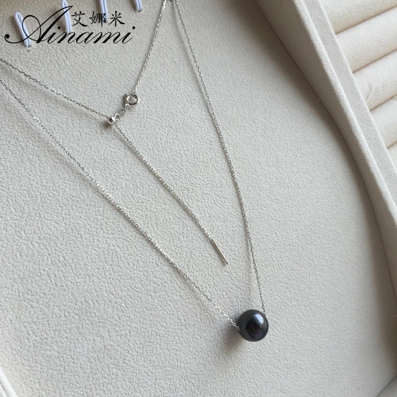 [Ainami] 9-10mm Black Tahitian Pearl Pendant 925 Sterling Silver Jewelry Simple Necklace Brand Freeship | Украшения и аксессуары
