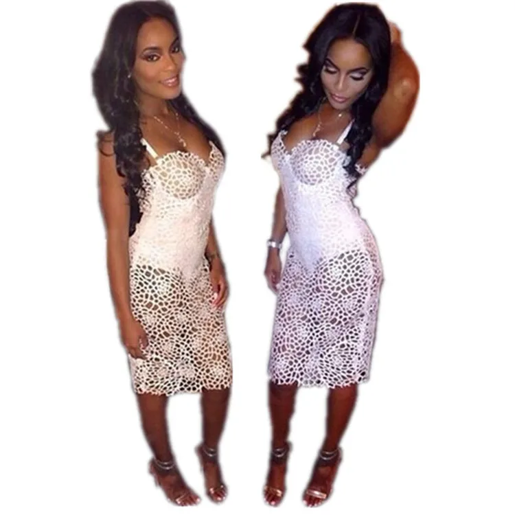 New Fashion Women Sexy Lace Dress Summer Strap Hollow Out Knee Length Novelty Evening Party Club | Женская одежда