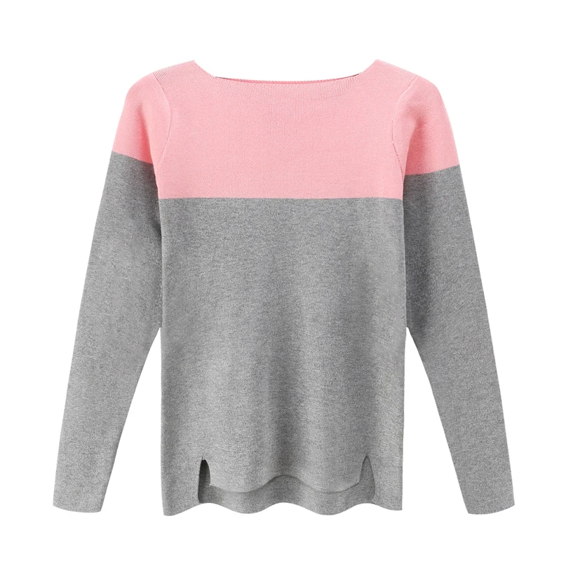 2018 Spring And Autumn Winter Women's Sweater Long-sleeved Splicing Word Collar Pullover Soft Warm Short Section Fashion | Женская