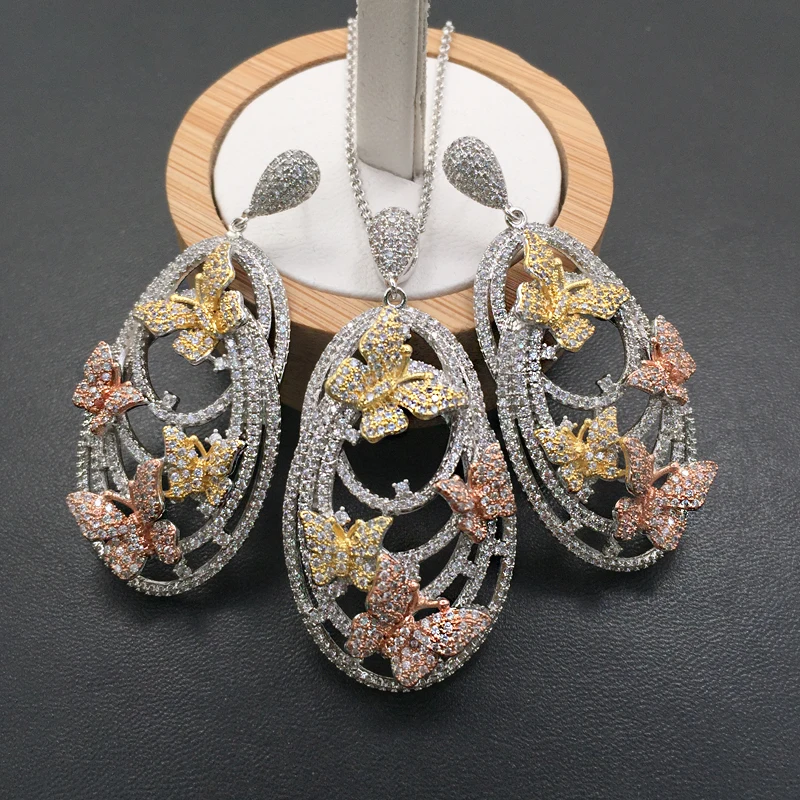 Люксовый набор ювелирных изделий Lanyika с большой вырезанной бабочкой, круглым полным циркониевым микропокрытием и ожерельем с серьгами для свадьбы и невесты - лучший подарок.