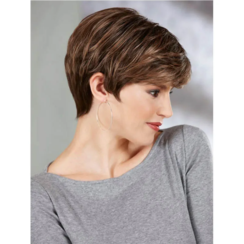 Chic Cut Short Straight Hairstyle Heat Resistant Fiber Brown Color Synthetic Hair Wigs For Women |