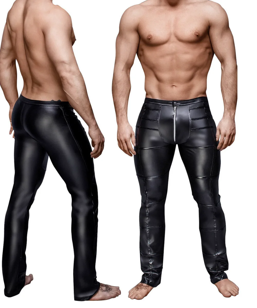 

High Elastic Mens Black Faux Leather Latex Leggings Wetlook Clubwear Zipper Bondage Exotic Pants Gay Club Stage Dance Wear