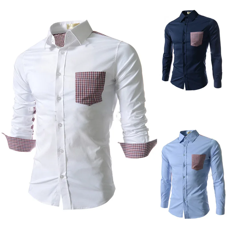 Checkerboard Casual Fashion Striped Plain Men Shirt Patchwork Dress Long Sleeve Turn-down Collar Camisa Masculina | Мужская одежда